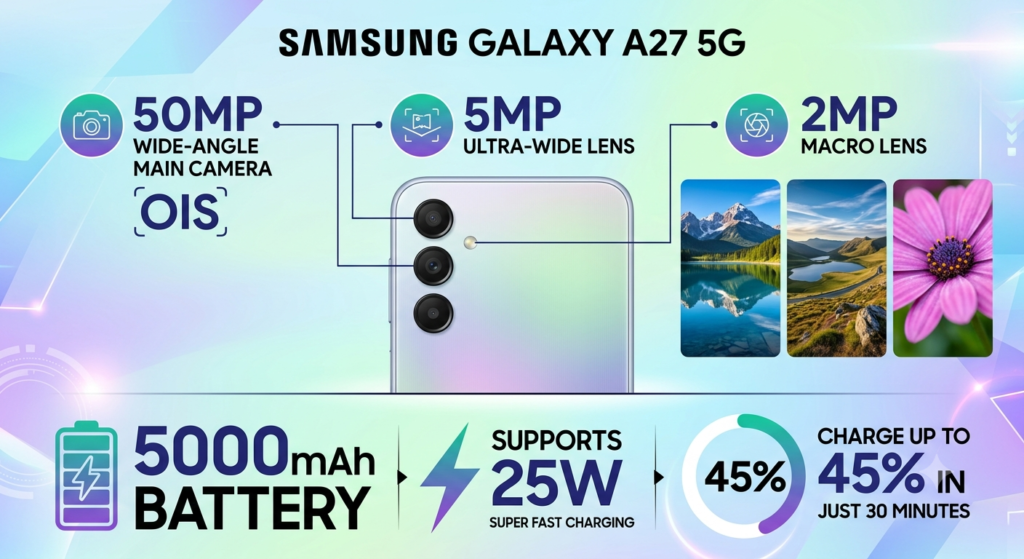 Samsung Galaxy A27 5G triple camera system with 50MP OIS lens and 5000mAh battery life