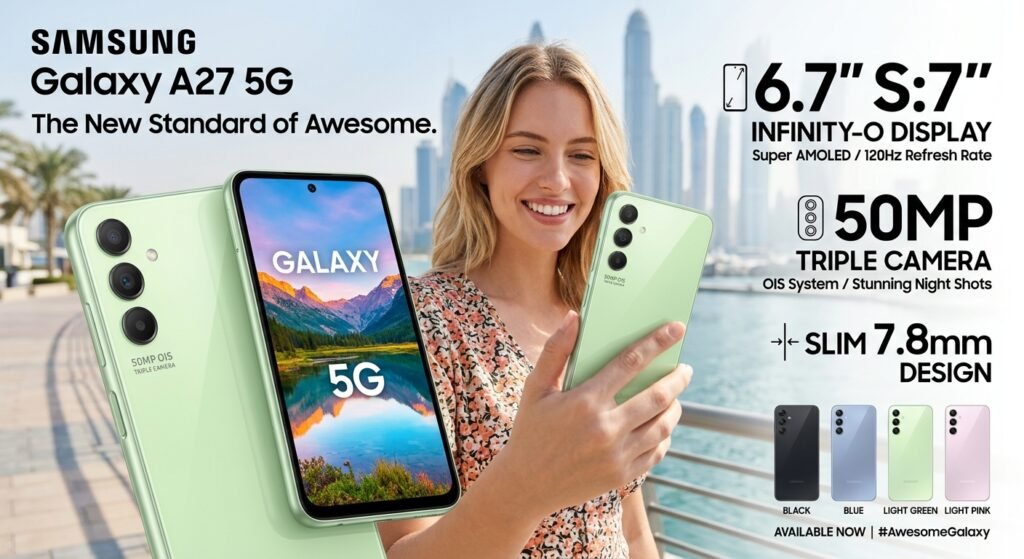 Samsung Galaxy A27 5G smartphone in Light Green color showing its 6.7-inch display and triple rear camera