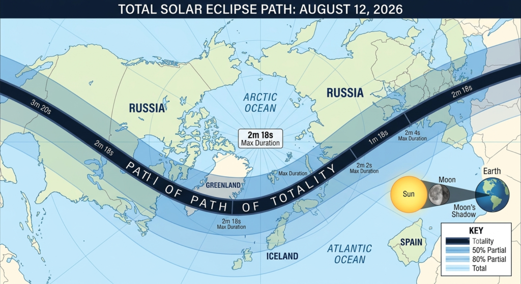 Total solar eclipse 2026 path of totality map showing visibility across Iceland, Spain, and Greenland
