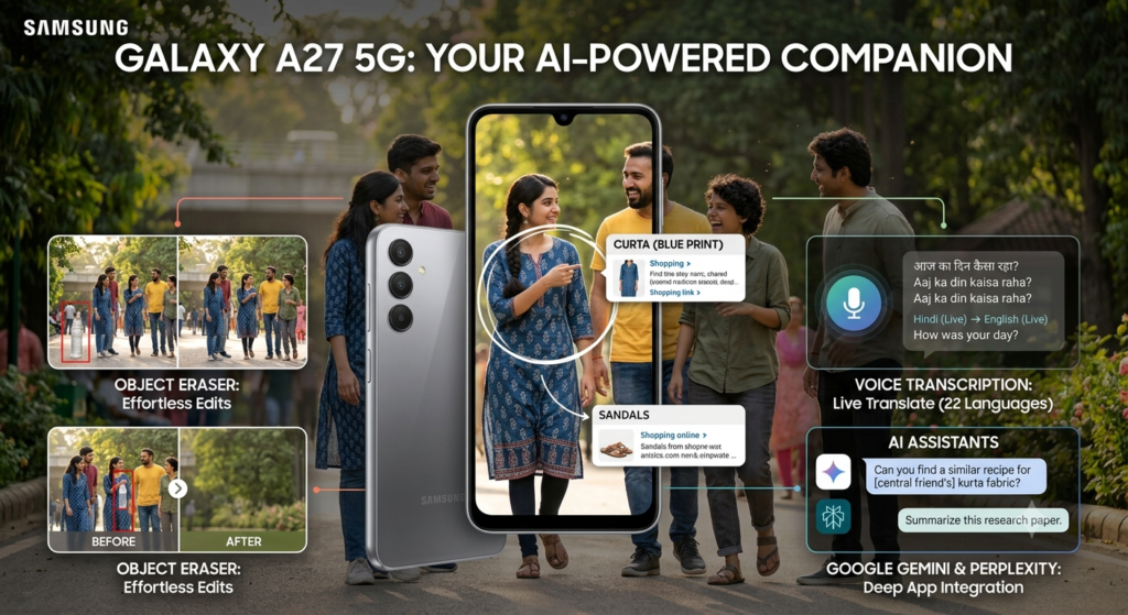 Samsung Galaxy A27 5G AI tools like Circle to Search, Object Eraser, and Voice Transcription displayed on screen