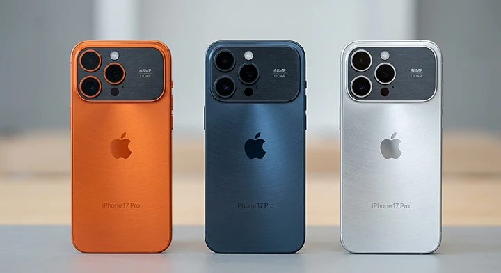 iPhone 17 Pro in Cosmic Orange, Deep Blue, and Silver colors showing aluminum design and rear camera plateau