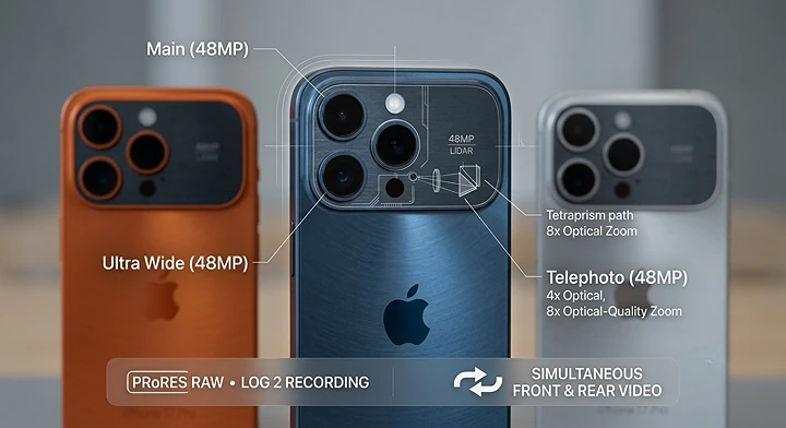 iPhone 17 Pro triple 48MP rear camera system with telephoto, wide, and ultra‑wide lenses